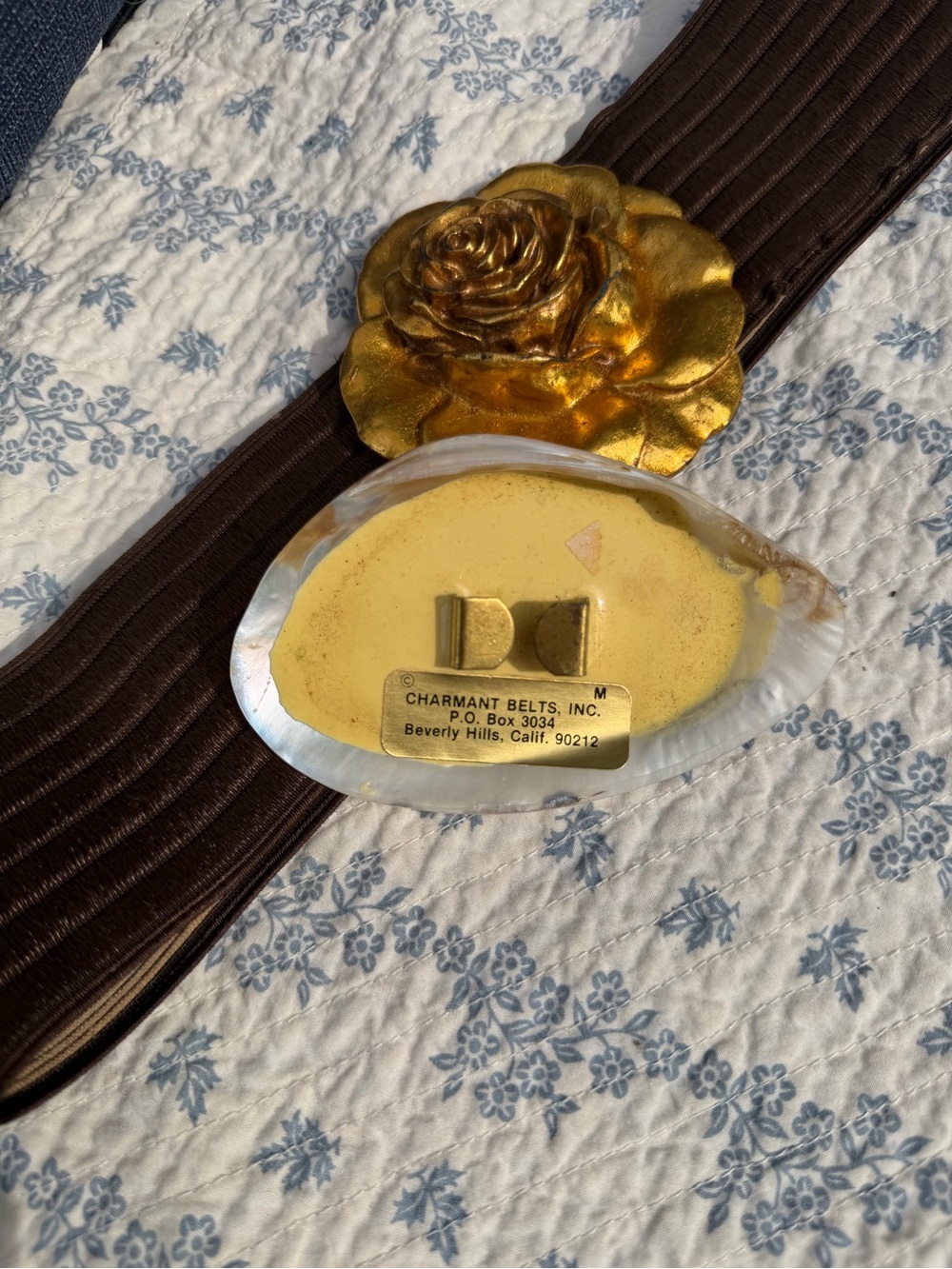 Vtg Charmant Belt w/Floral Gold Flower & Shell Buckles Elastic Brown Waist Belt